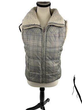 Big Chill Womens Plaid Puffer Vest Sherpa Full Zip Gray Beige Size S